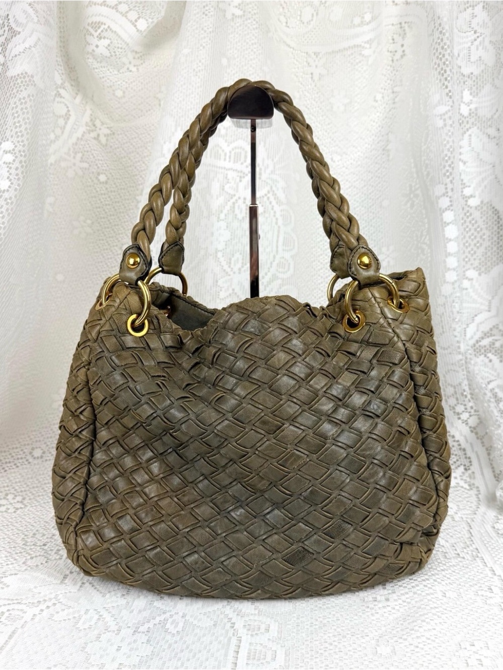 Miu Miu Woven Taupe Leather Shoulder Bag